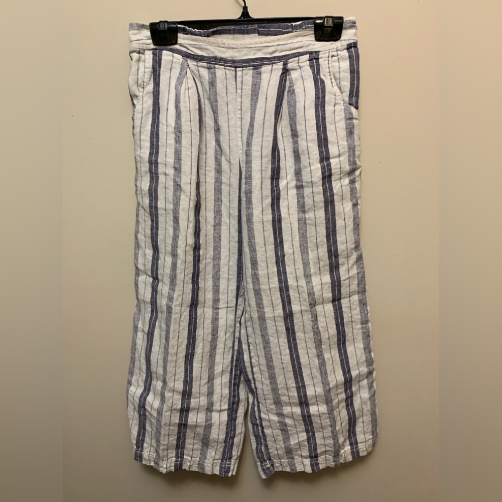 Hatley 100% Linen Striped Cropped Wide Leg Pants Coastal Grandmother - Picture 2 of 5